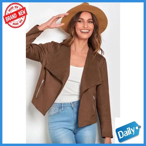 Faux Suede Cropped Jacket, Long Sleeve Open Front, Fall Winter Coat - Picture 5 of 7